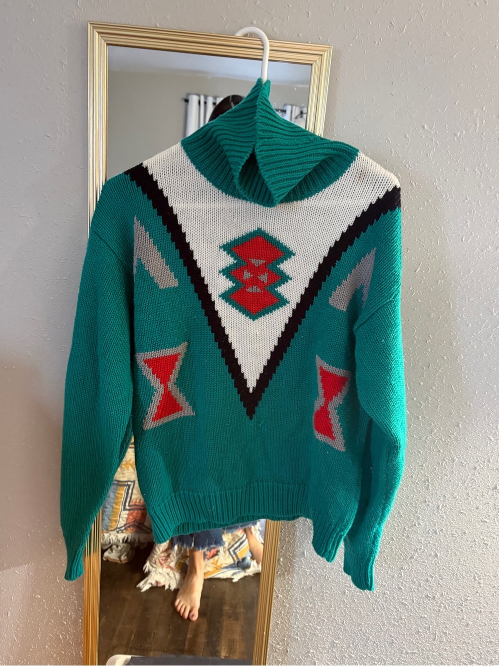 Vintage Teal, White & Red Geometric Turtleneck Sweater